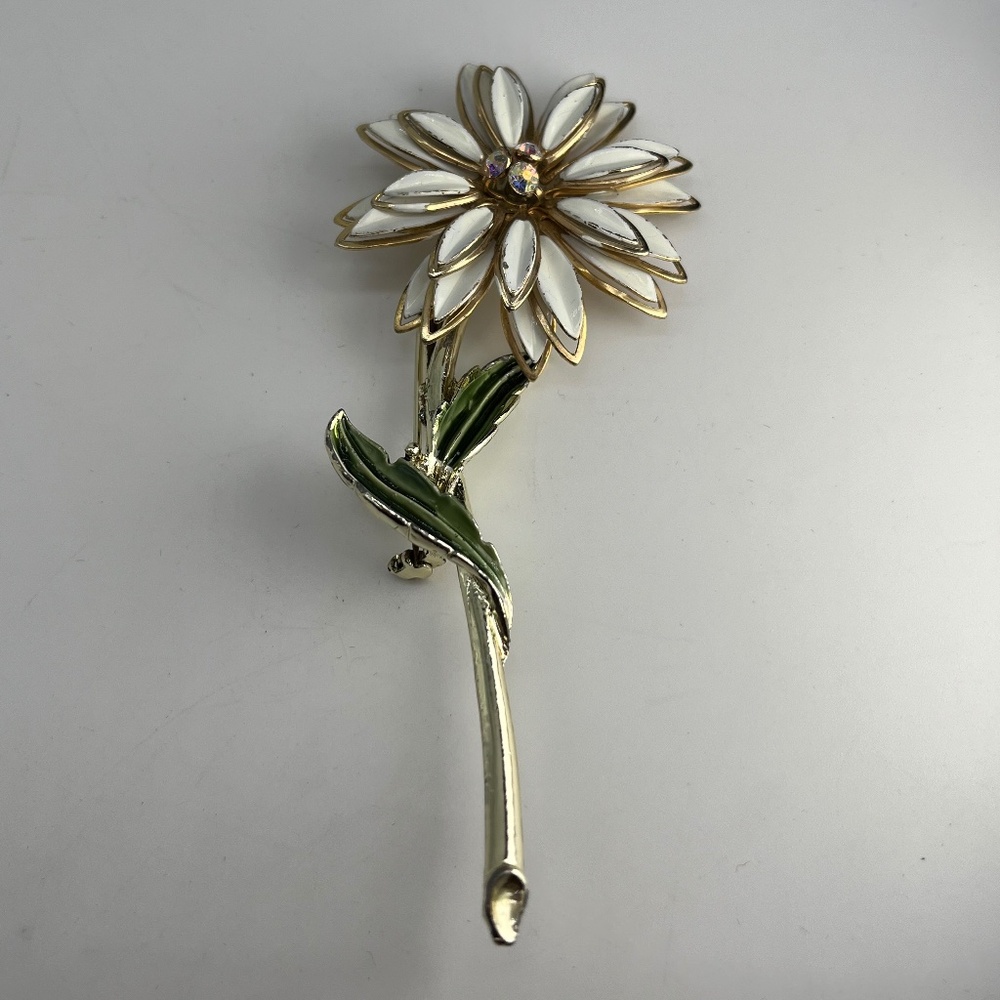 Large Triple Layered Flower with Stem Jeweled Brooch/Pin.